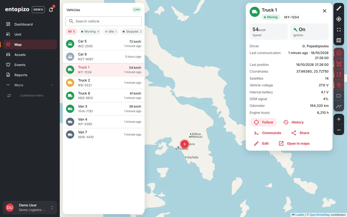 Carte en direct Entopizo Pro avec liste des véhicules et fiche du véhicule